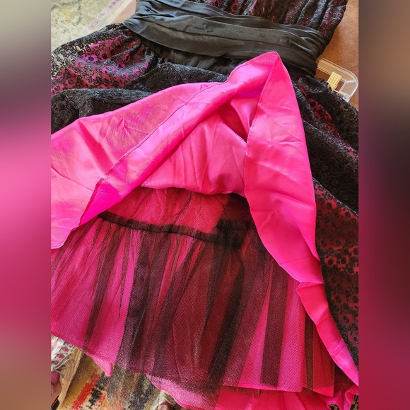BETSEY JOHNSON Y2k Strapless Black Lace Hot Pink Satin Slip Zip Mini Dress - Picture 8 of 16